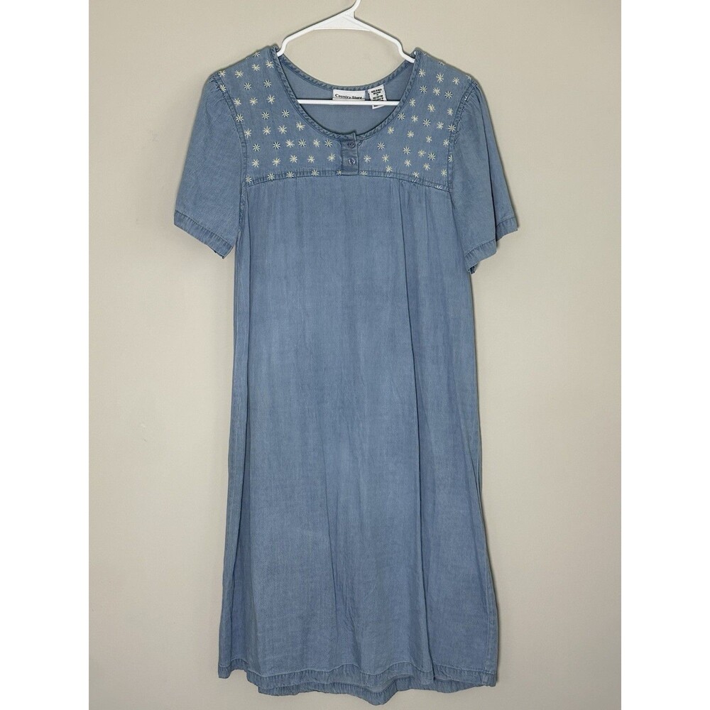 Country Store Embroidered Floral Midi Dress Blue Size S Denim Cottagecore Boho